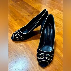 Vintage Sergio Rossi Black and Gold Peep-Toe Heels